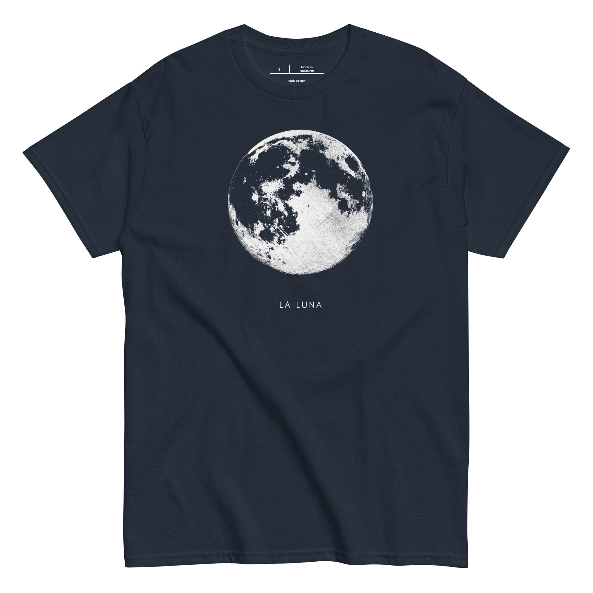 Navy blue t-shirt with moon graphic and 'La Luna' text on a white background