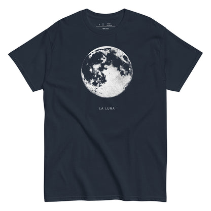 Navy blue t-shirt with moon graphic and 'La Luna' text on a white background