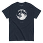 Navy blue t-shirt with moon graphic and 'La Luna' text on a white background