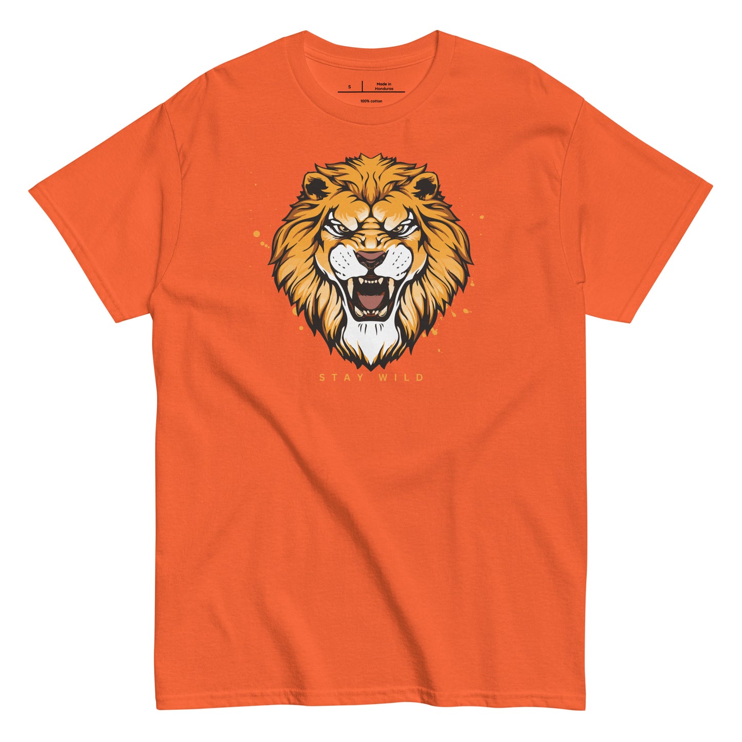 Orange t-shirt with a lion graphic and 'Stay Wild' text on a white background