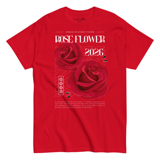 Red t-shirt with red roses and 'Rose Flower 2026' text on a white background