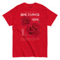 Red t-shirt with red roses and 'Rose Flower 2026' text on a white background