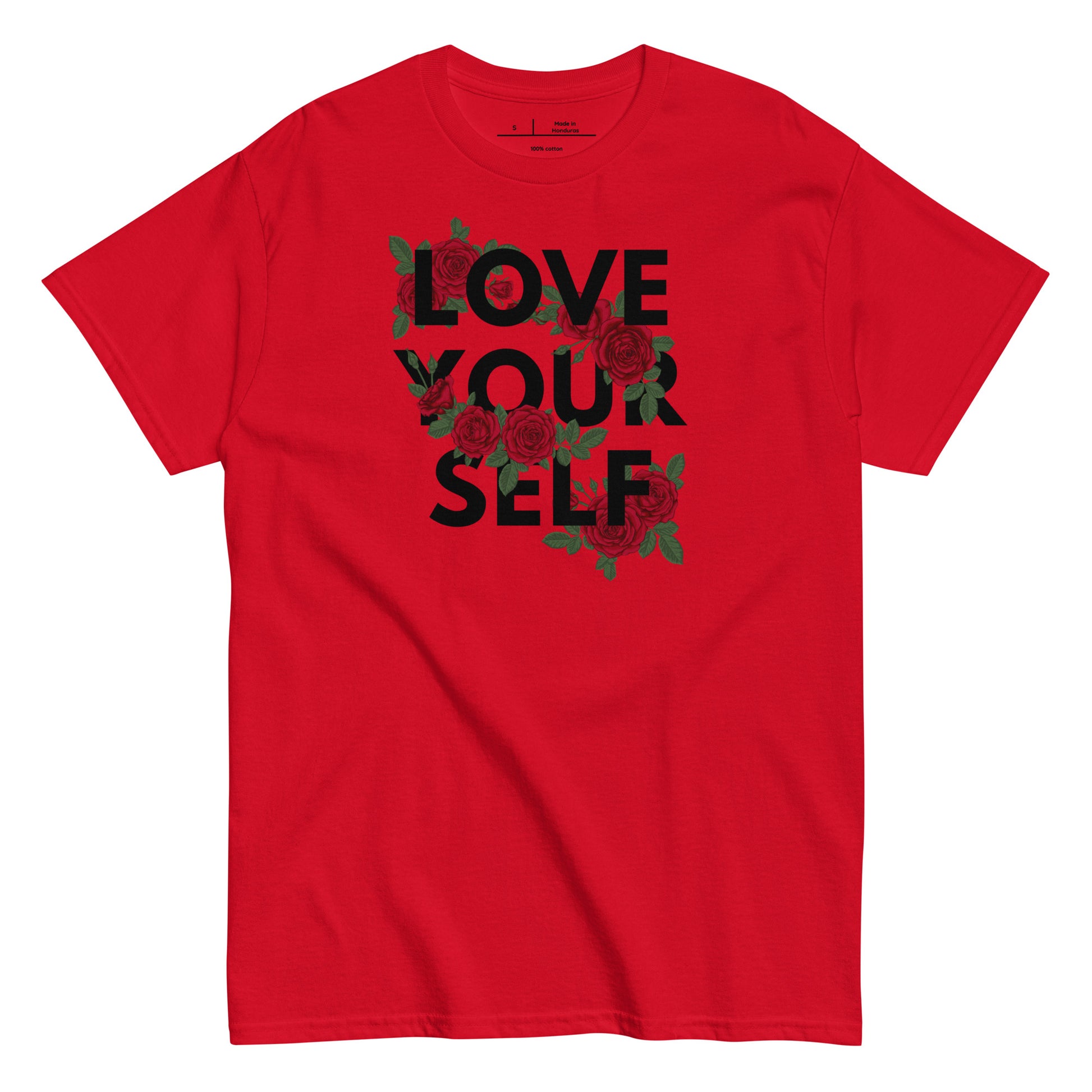 Red t-shirt with 'Love Your Self' text and roses on a white background