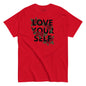 Red t-shirt with 'Love Your Self' text and roses on a white background
