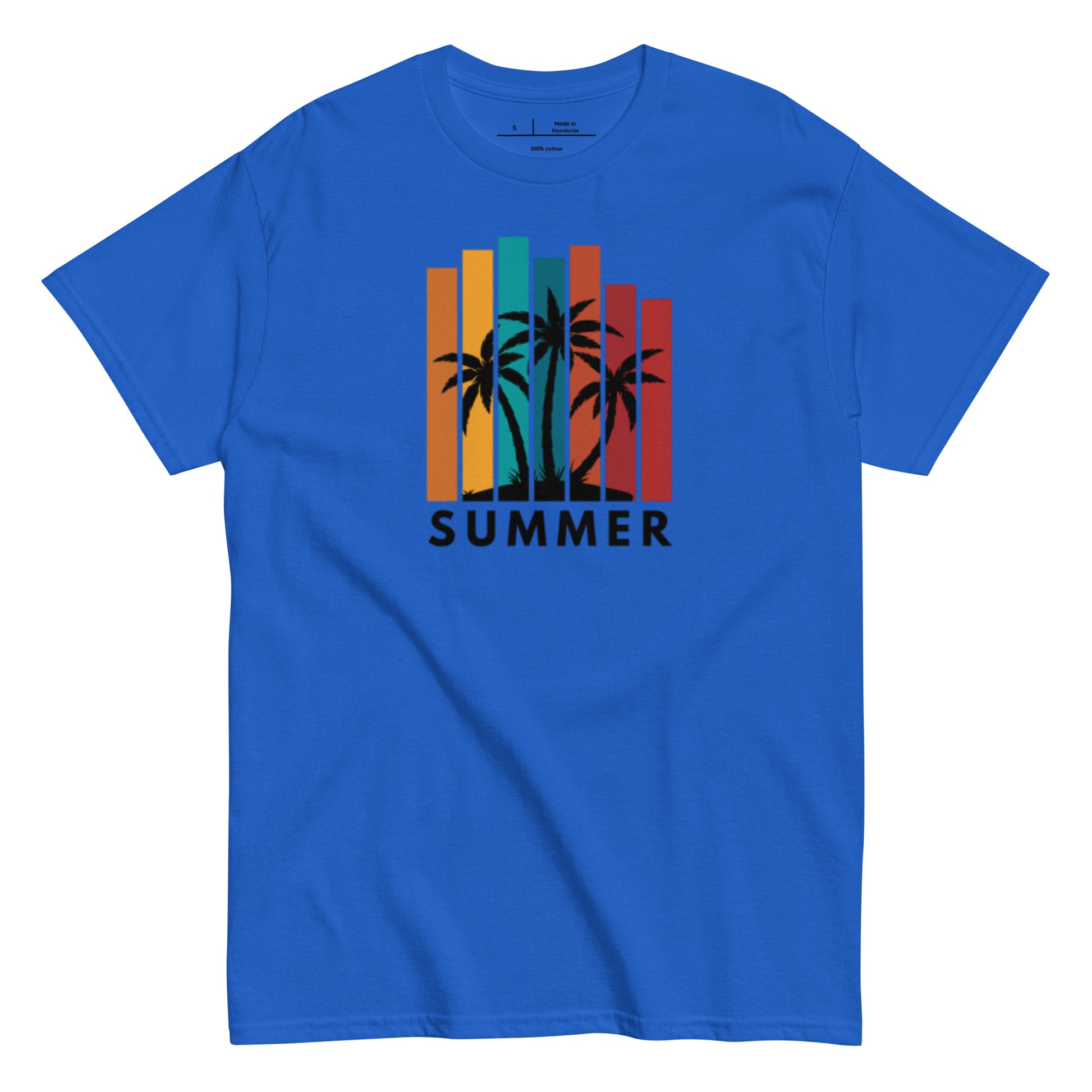 Blue t-shirt with 'Summer' design featuring palm trees on a white background