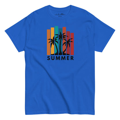 Blue t-shirt with 'Summer' design featuring palm trees on a white background