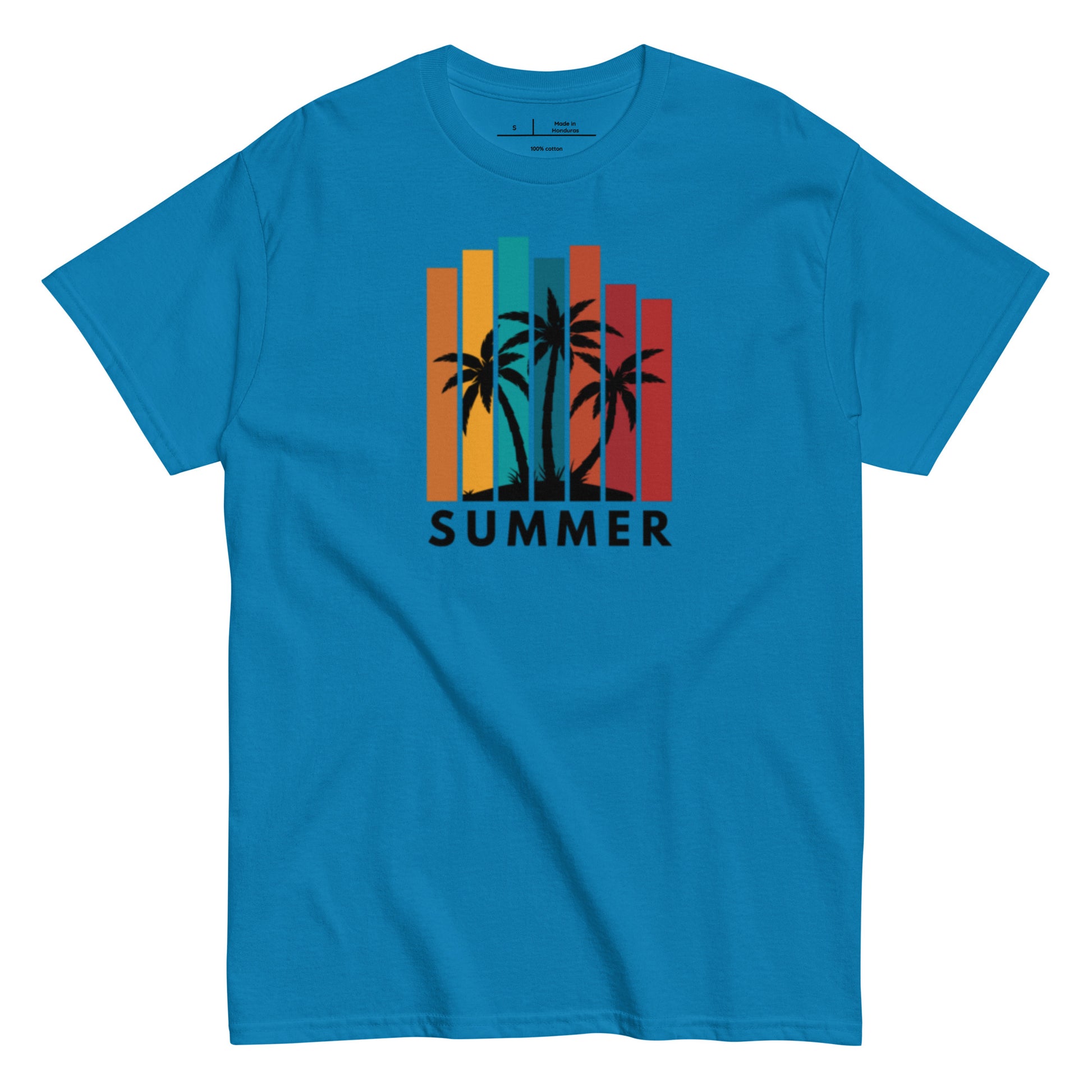 Blue t-shirt with 'Summer' and palm tree design on a white background