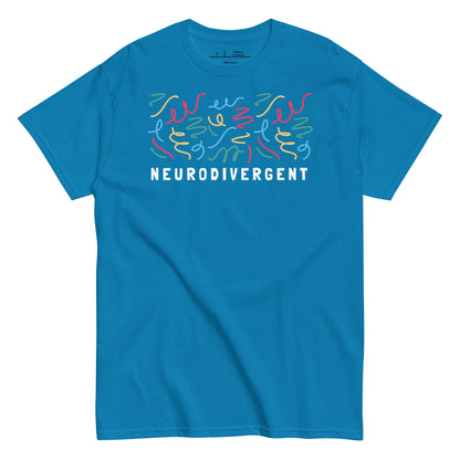 Blue t-shirt with colorful design and 'NEURODIVERGENT' text on a white background