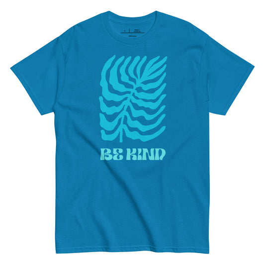 Blue t-shirt with a graphic design and 'Be Kind' text on a white background