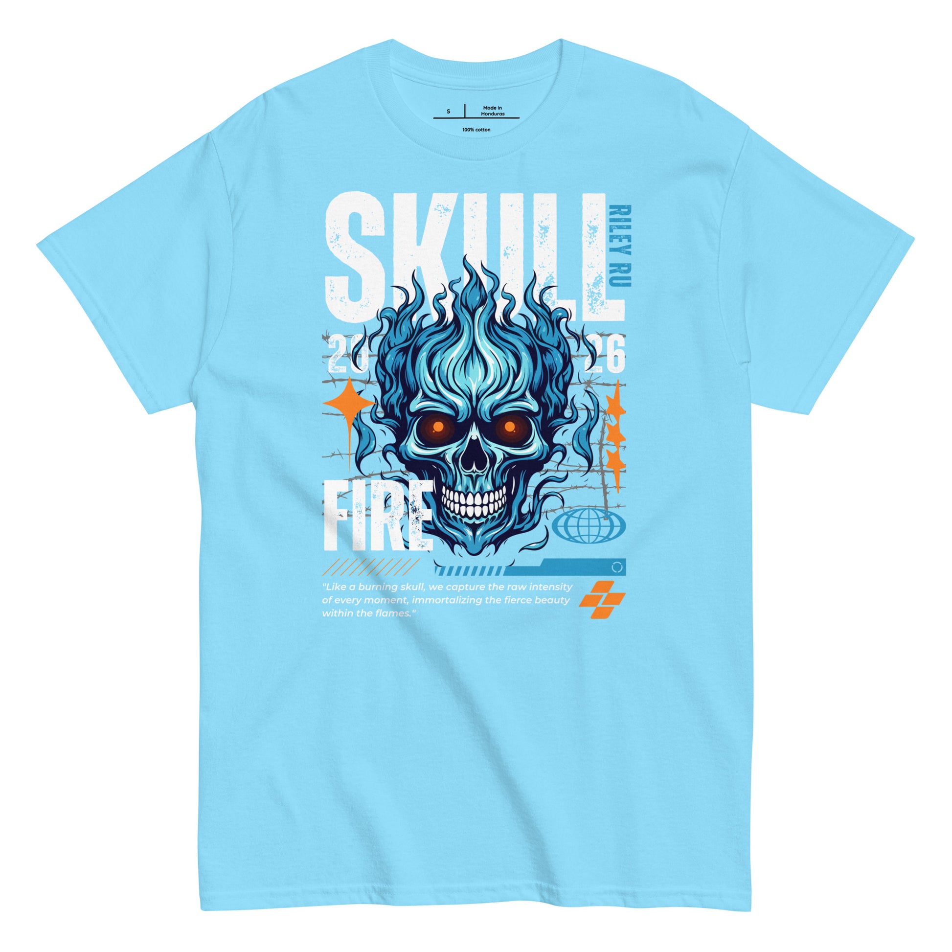 Light blue t-shirt with a graphic design of a skull and text on a white background