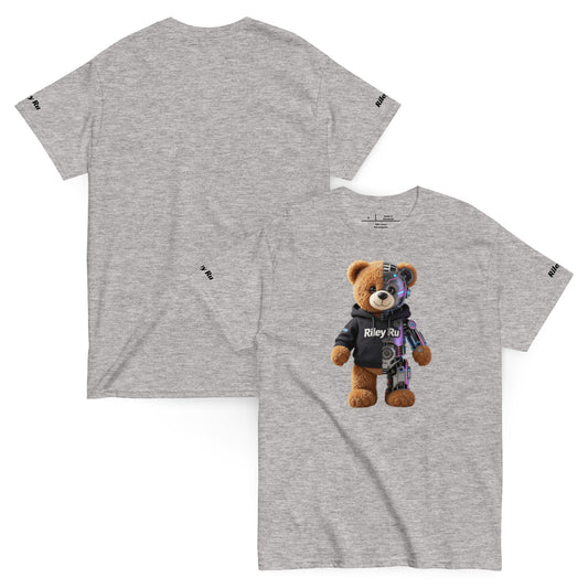 Gray t-shirt with a teddy bear graphic on a white background