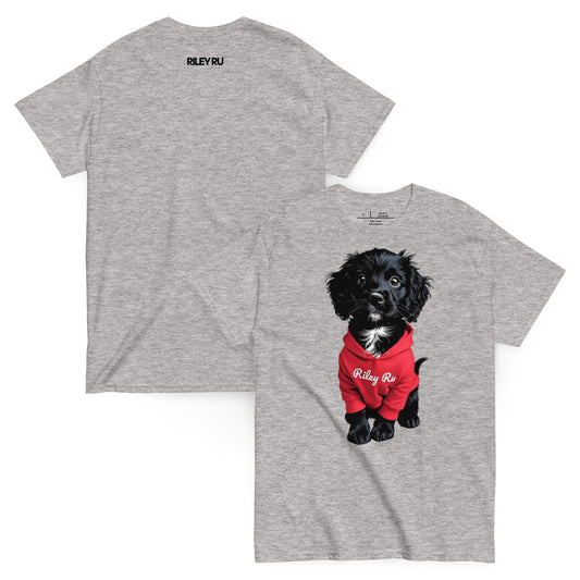 Gray t-shirt with a black puppy in a red hoodie on the front, displayed on a white background.