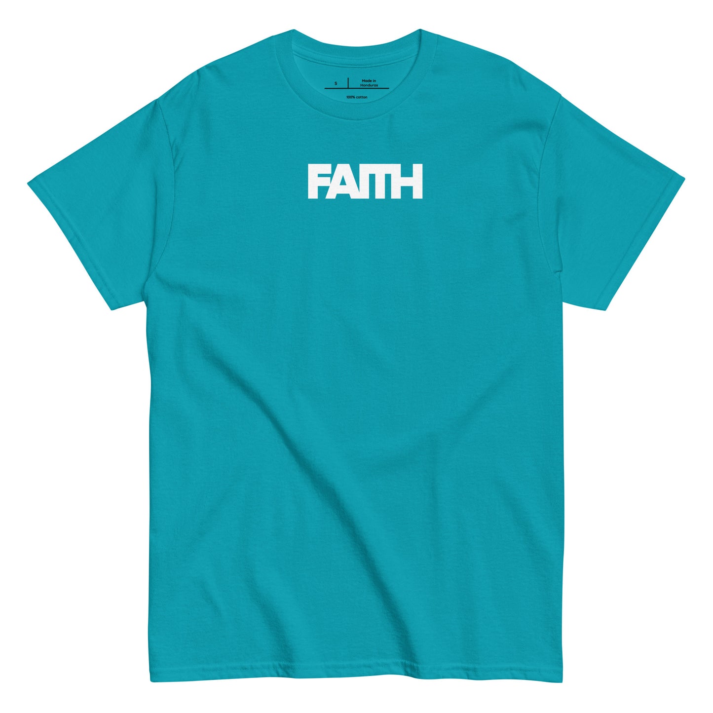 Blue t-shirt with 'FAITH' printed on it against a white background