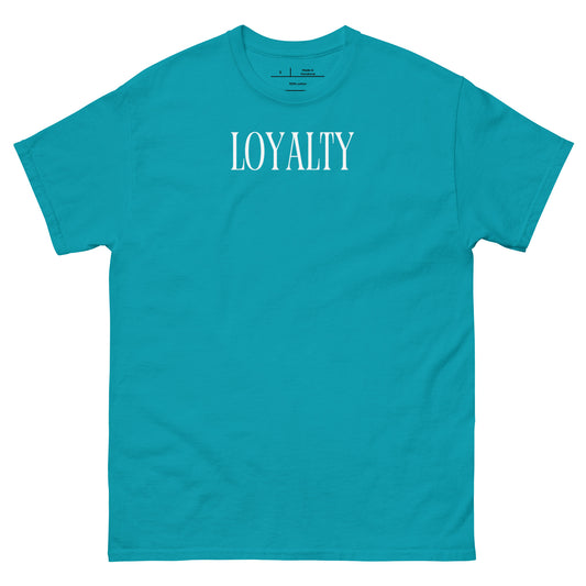 Turquoise t-shirt with 'LOYALTY' printed on a white background