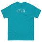 Turquoise t-shirt with 'LOYALTY' printed on a white background