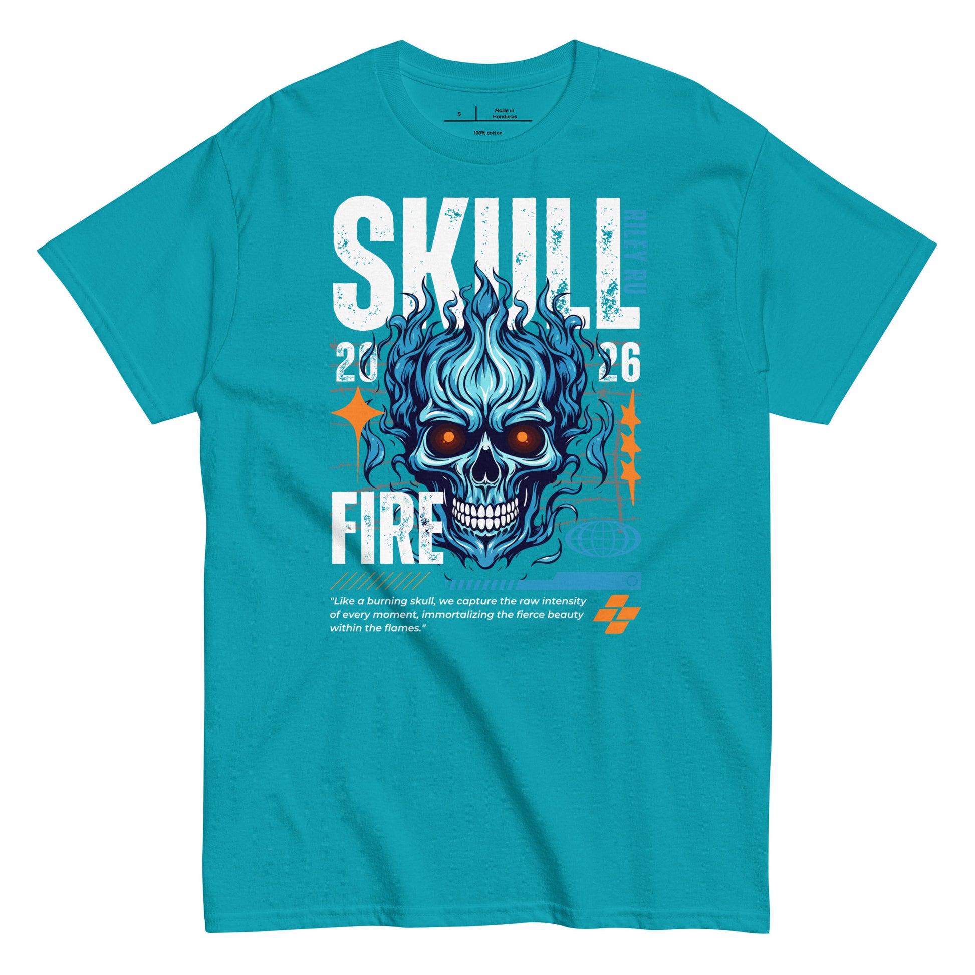 Blue t-shirt with a skull design and text on a white background