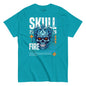 Blue t-shirt with a skull design and text on a white background