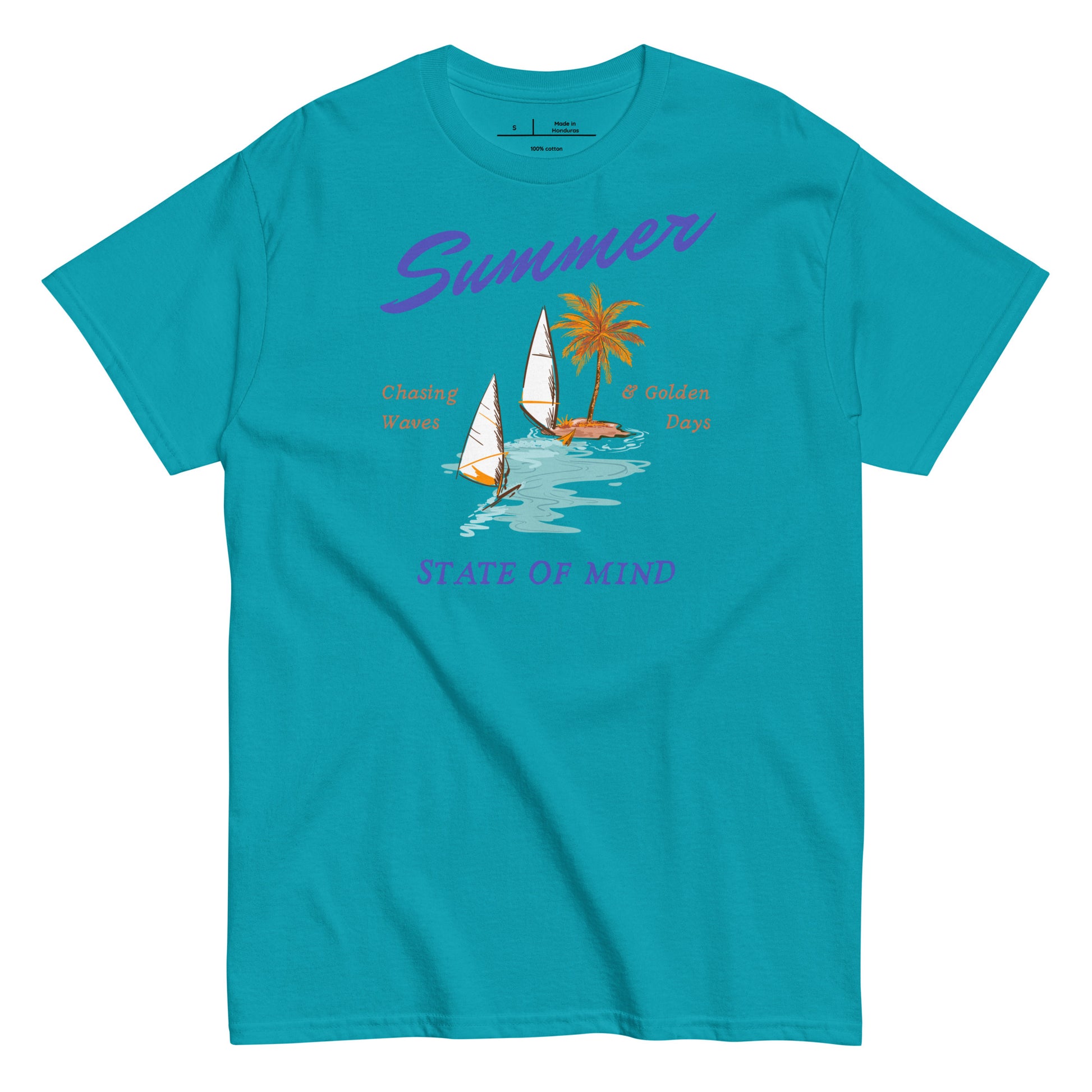 Blue t-shirt with summer-themed design featuring sailboats and palm trees on a white background