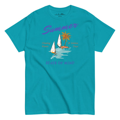 Blue t-shirt with summer-themed design featuring sailboats and palm trees on a white background