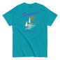 Blue t-shirt with summer-themed design featuring sailboats and palm trees on a white background
