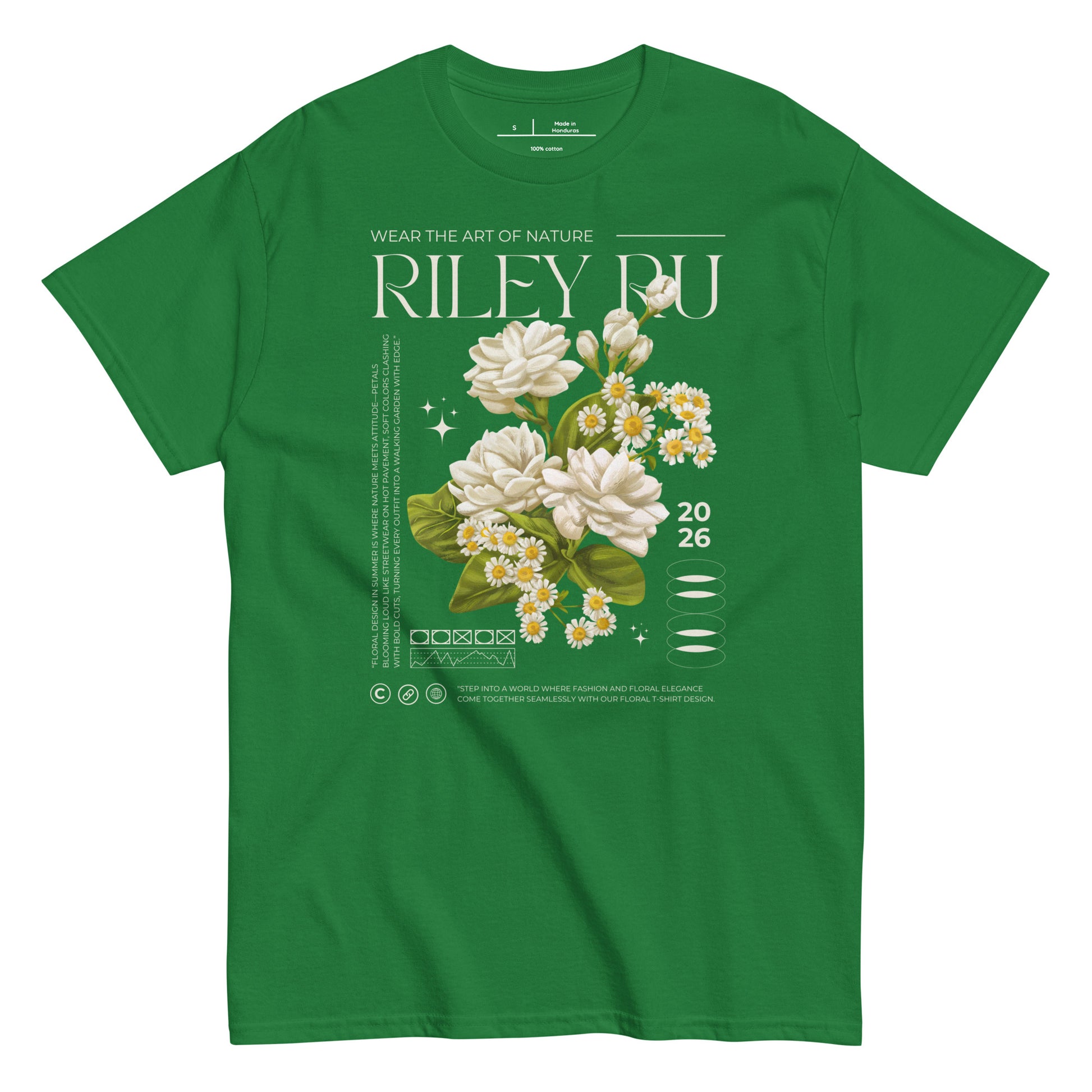 Green t-shirt with floral design and 'Riley Du' branding on a white background