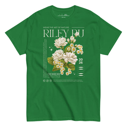 Green t-shirt with floral design and 'Riley Du' branding on a white background