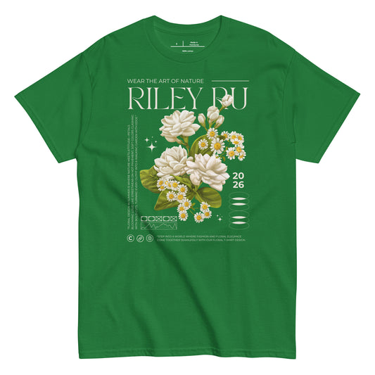 Green t-shirt with floral design and 'Riley Du' branding on a white background
