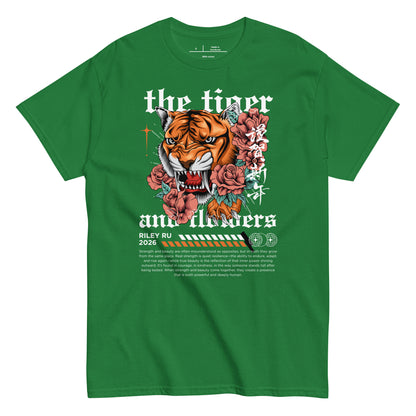 Green t-shirt with a tiger and floral design on a white background