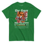 Green t-shirt with a tiger and floral design on a white background