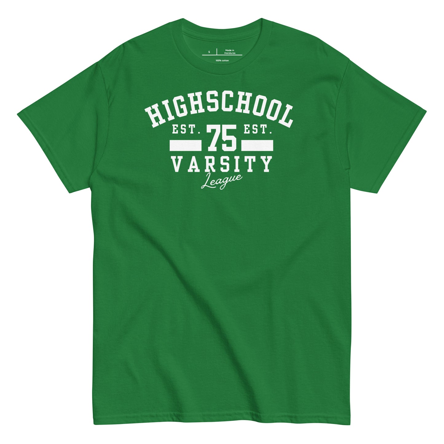 Green t-shirt with white text 'Highschool Varsity League' on a white background