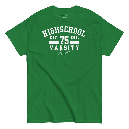 Green t-shirt with white text 'Highschool Varsity League' on a white background