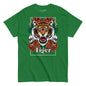 Green t-shirt with a tiger graphic design featuring flowers and skulls on a white background