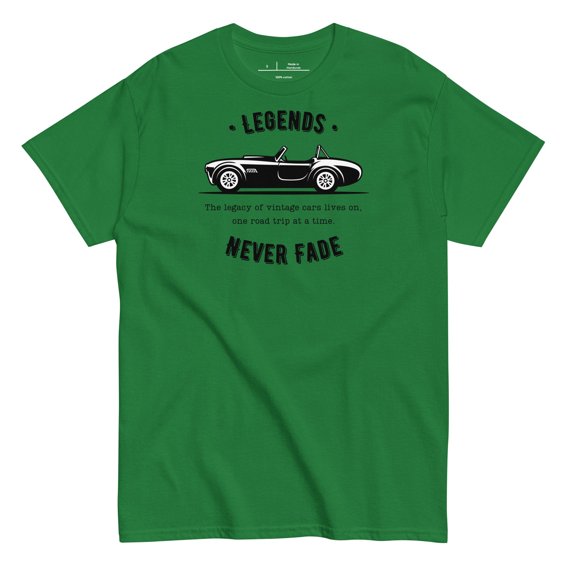 Green t-shirt with a vintage car graphic and text on a white background