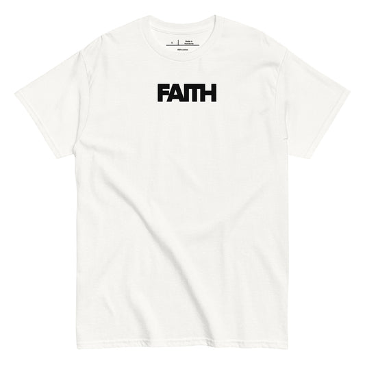 White t-shirt with 'FAITH' printed in black on a white background