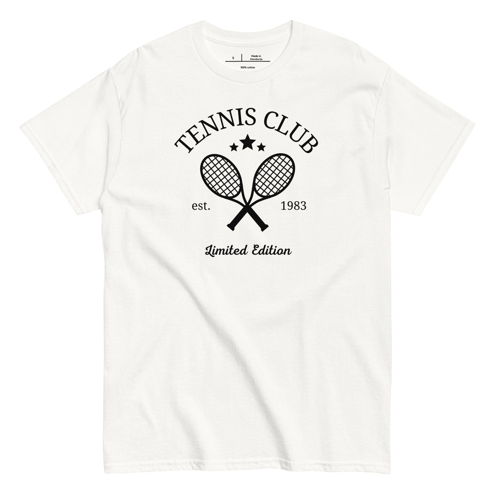 White t-shirt with tennis club graphic and text on a white background