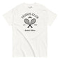 White t-shirt with tennis club graphic and text on a white background