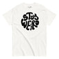 White t-shirt with 'Stay Weird' text in black on a white background