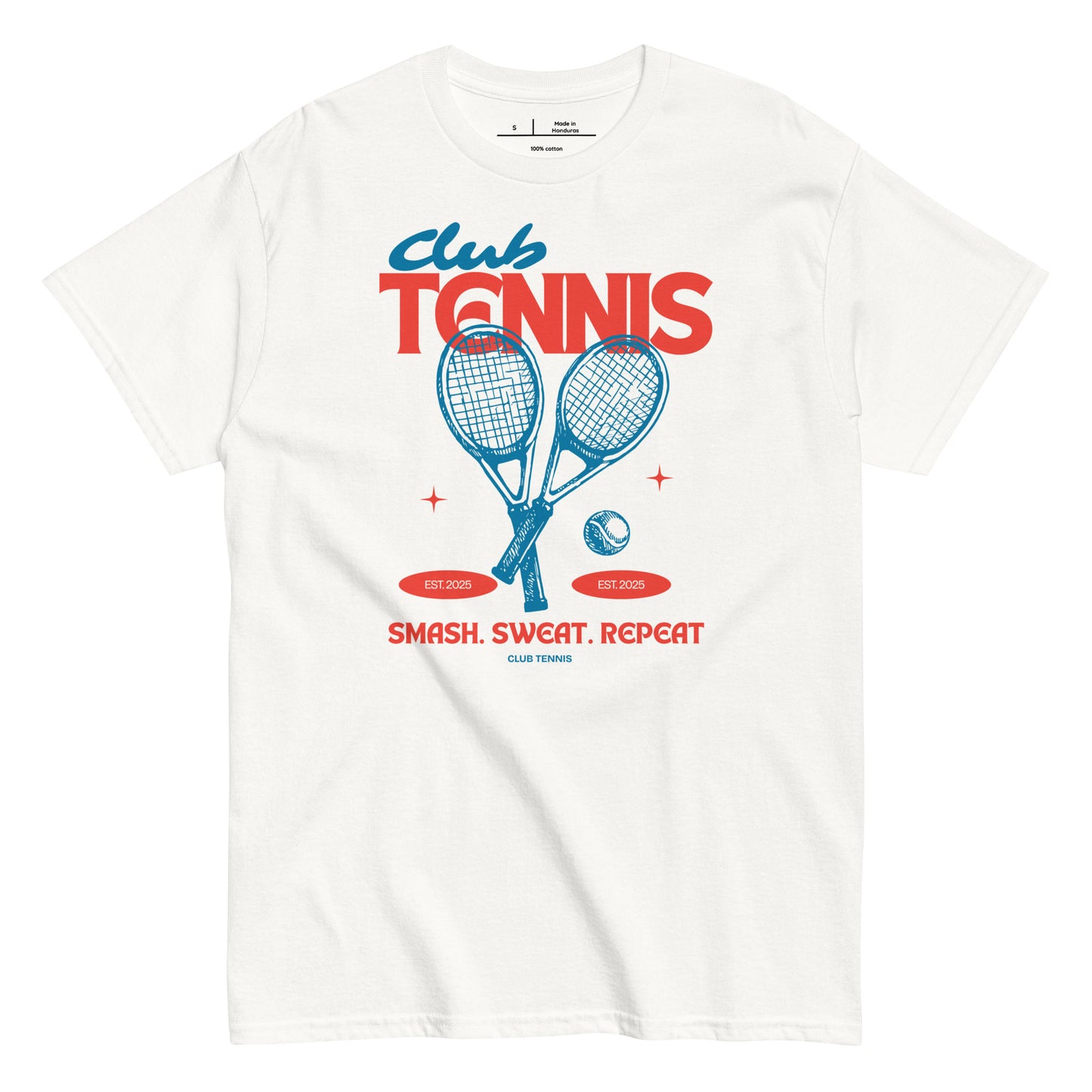 White t-shirt with 'Club Tennis' graphic design featuring tennis rackets and ball on a white background