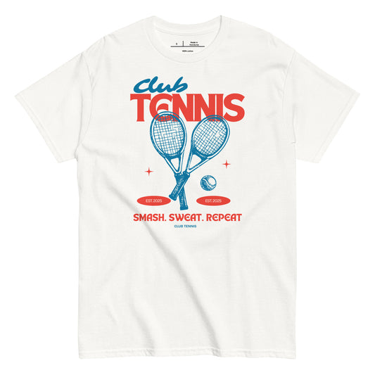 White t-shirt with 'Club Tennis' graphic design featuring tennis rackets and ball on a white background