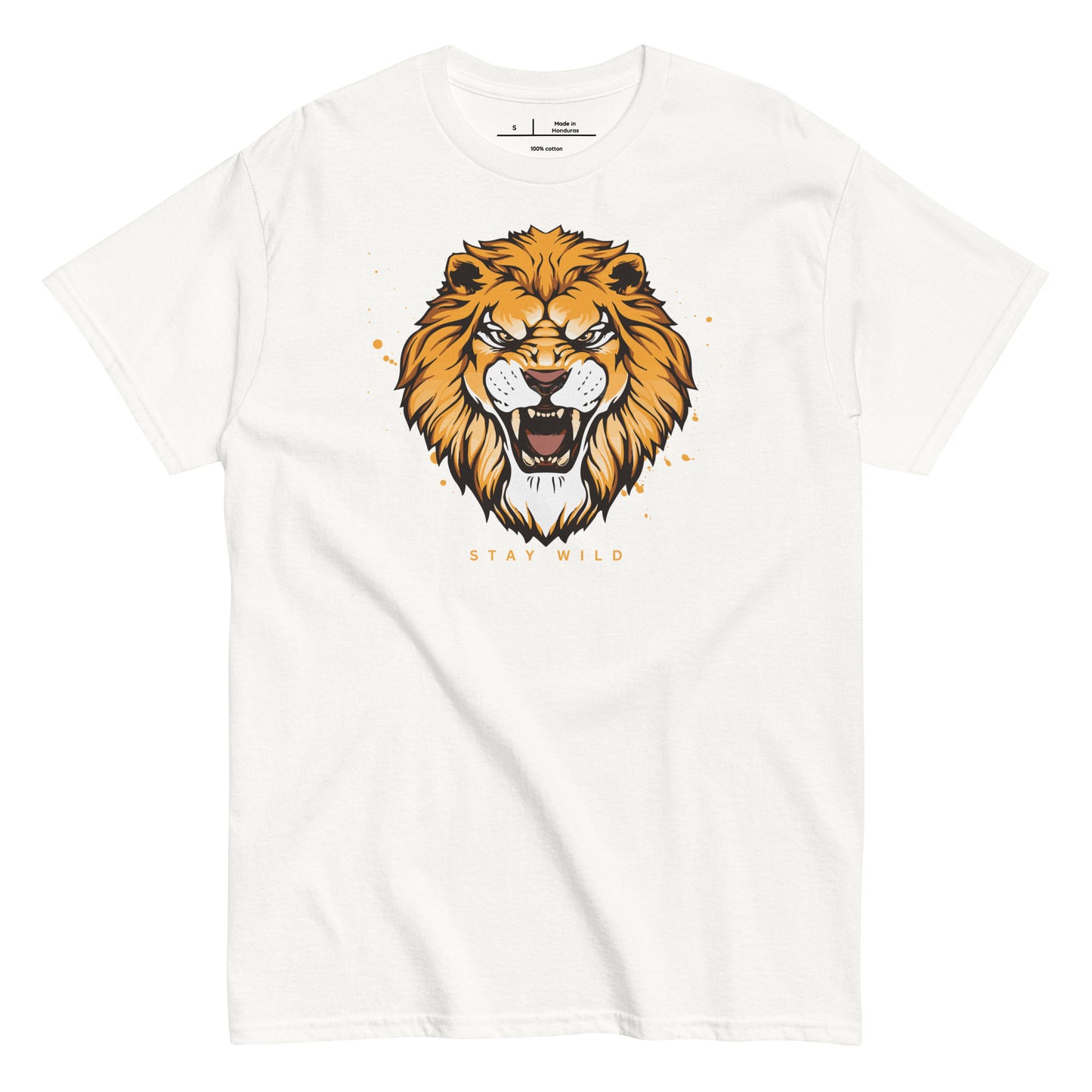 White t-shirt with a lion graphic and 'Stay Wild' text on a white background