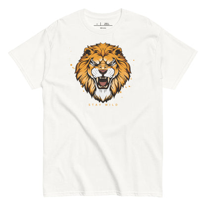 White t-shirt with a lion graphic and 'Stay Wild' text on a white background