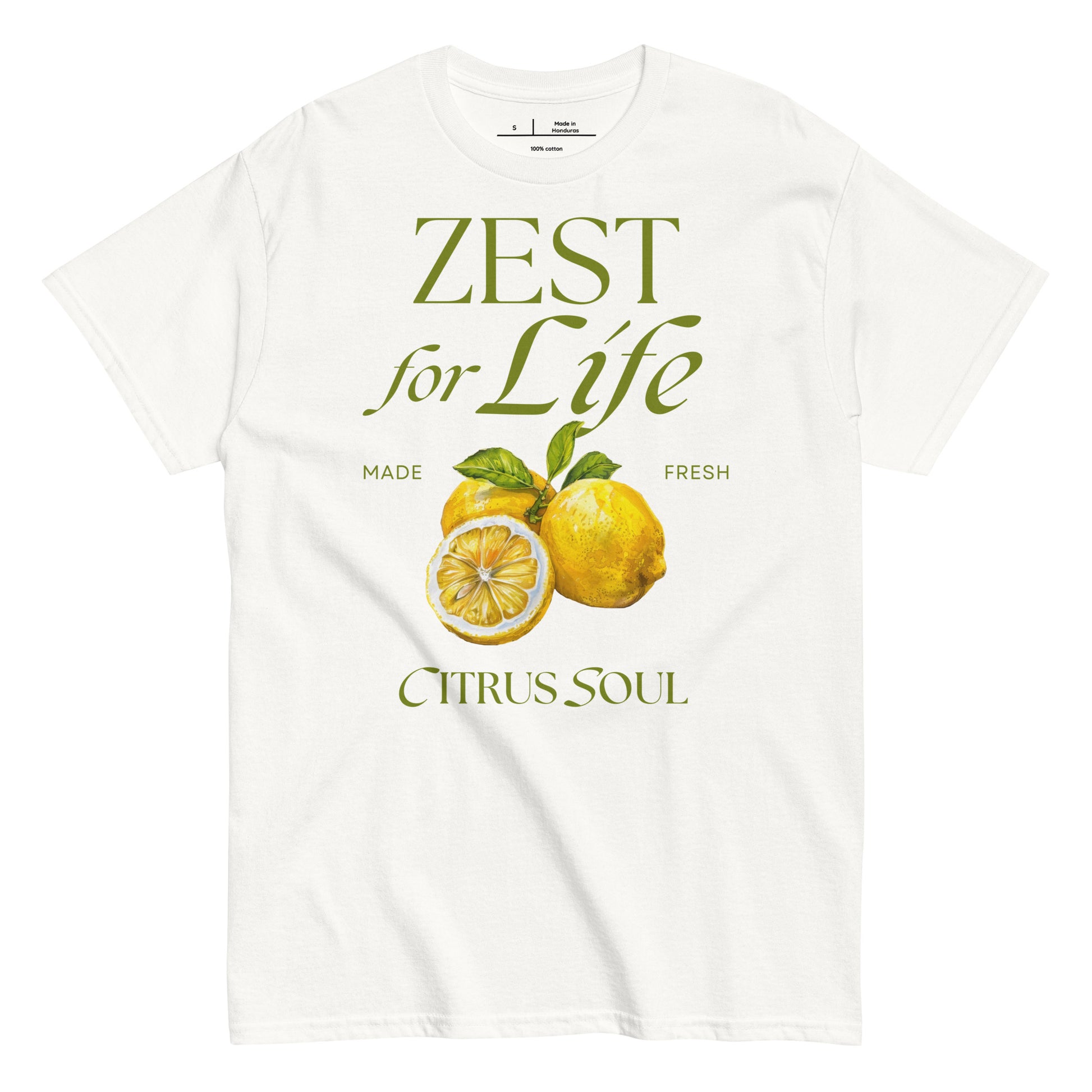 White t-shirt with lemon graphic and text 'Zest for Life' on a white background