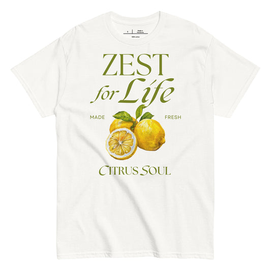 White t-shirt with lemon graphic and text 'Zest for Life' on a white background