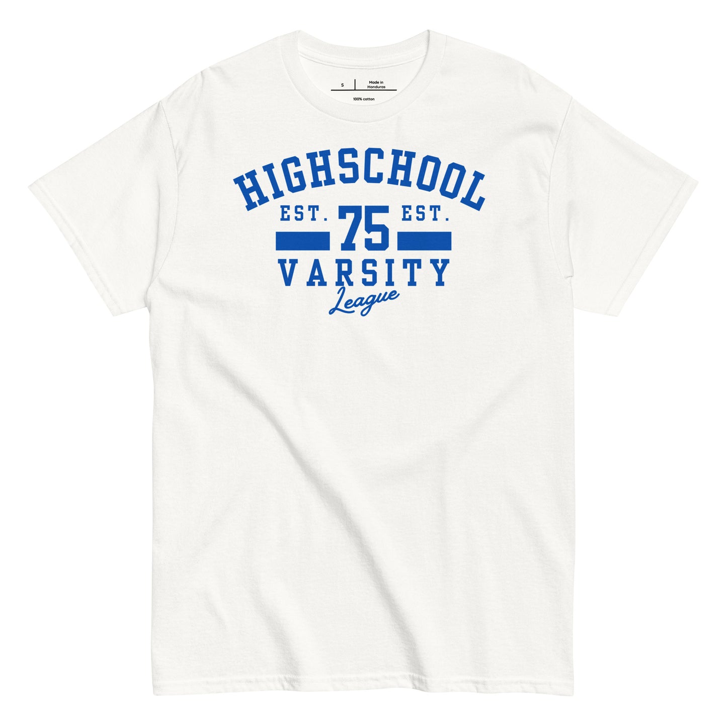 White t-shirt with blue 'Highschool Varsity League' text on a white background