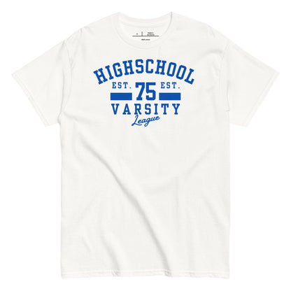 White t-shirt with blue 'Highschool Varsity League' text on a white background