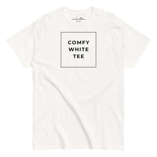 White t-shirt with 'COMFY WHITE TEE' text on a white background