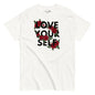 White t-shirt with 'Love Your Self' text and red roses on a white background