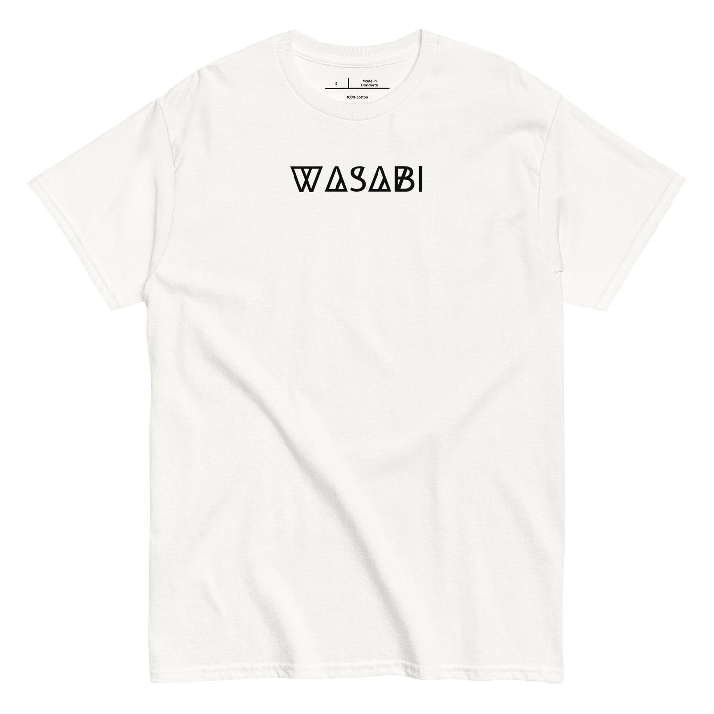 White t-shirt with 'WASABI' text on a white background