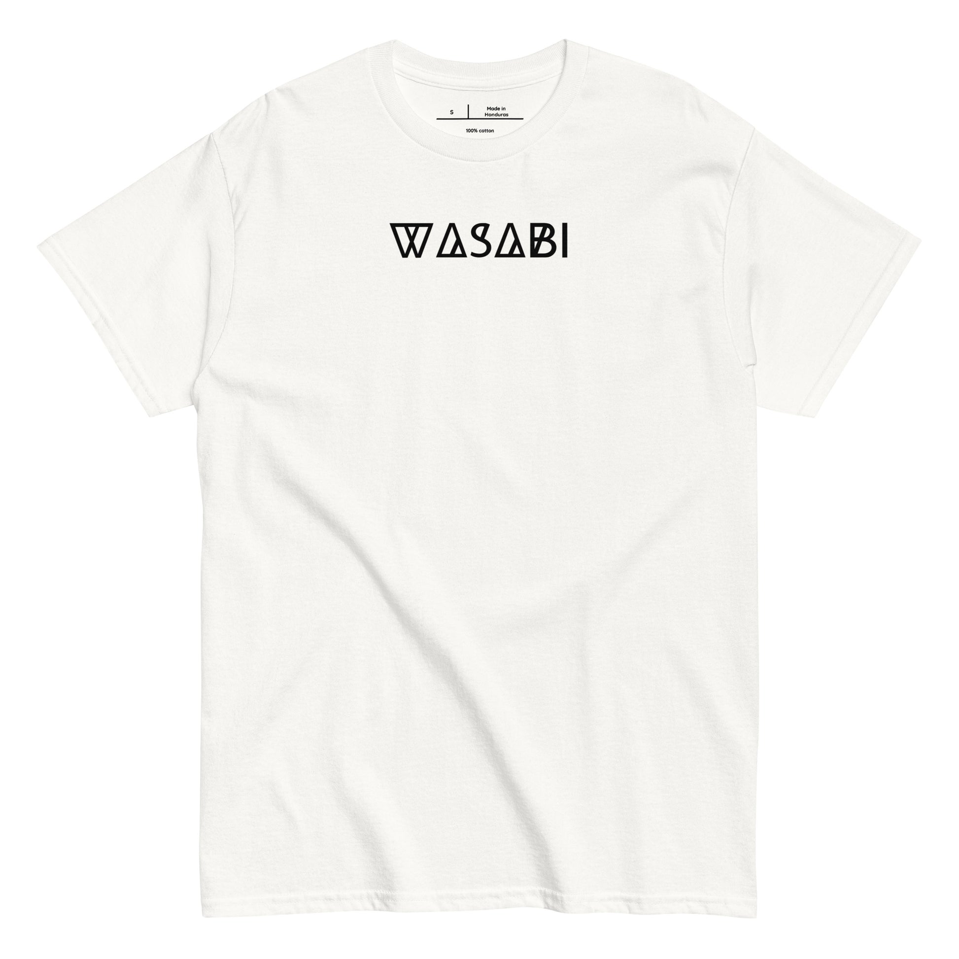 White t-shirt with 'WASABI' text on a white background