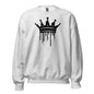White sweatshirt with black fish graphic and text on a white background